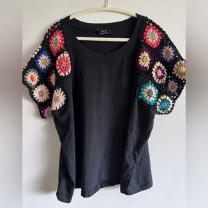 Vici Black Top with Floral Crochet Sleeves